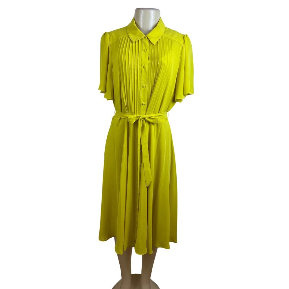 Nanette Womens Bright Yellow Midi Dress With Belt & Pleated Detail Sz 12
